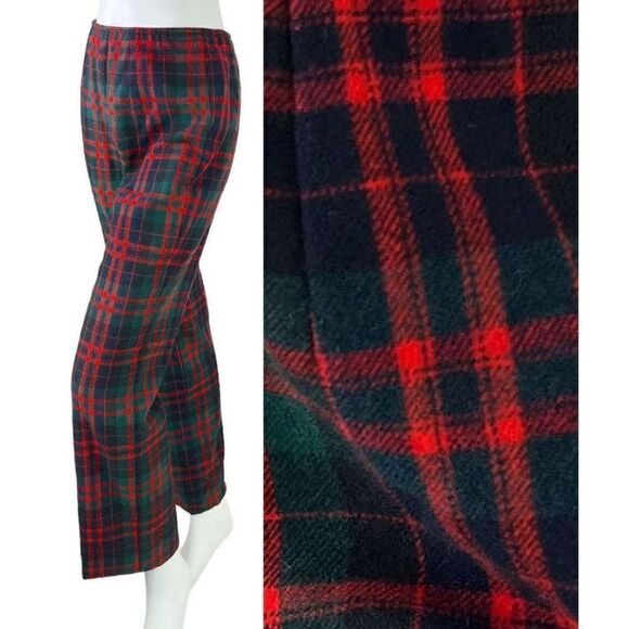 Vintage 70's Pendleton Plaid Tartan Red, Black & Green Wool High Waist Pants 12 - Picture 1 of 9